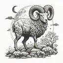 An Aries ram with a crown of stars, standing on a hill surrounded by black sheep and bees under a moonlit sky tattoo design idea