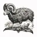 An Aries ram with a crown of stars, standing on a hill surrounded by black sheep and bees under a moonlit sky tattoo design idea