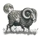 An Aries ram with a crown of stars, standing on a hill surrounded by black sheep and bees under a moonlit sky tattoo design idea