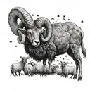 An Aries ram with a crown of stars, standing on a hill surrounded by black sheep and bees under a moonlit sky tattoo design idea