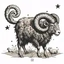 An Aries ram with a crown of stars, standing on a hill surrounded by black sheep and bees under a moonlit sky tattoo design idea