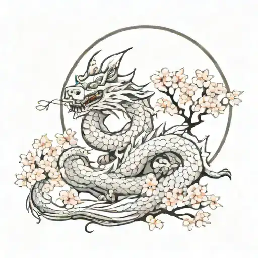 cherry blossom, dragon, moon rising tattoo design idea