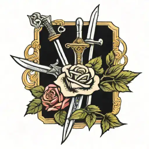 sword with roses intertwined symbolizing strength tarot card tattoo design idea
