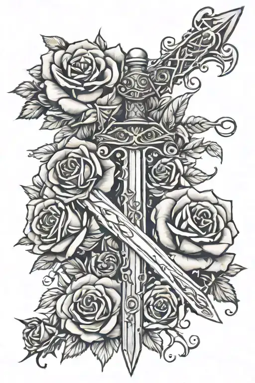 sword on the forearm with roses entwined with thorns and vines wrapped. tattoo design idea