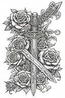 sword on the forearm with roses entwined with thorns and vines wrapped. tattoo design idea