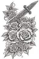 sword on the forearm with roses entwined with thorns and vines wrapped. tattoo design idea