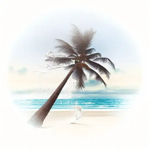 A serene beach scene at sunrise, with palm trees and crashing waves tattoo design idea