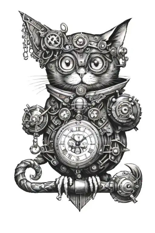 A rebellious cat with a pocket watch and a steampunk owl in a mechanical cityscape tattoo design idea
