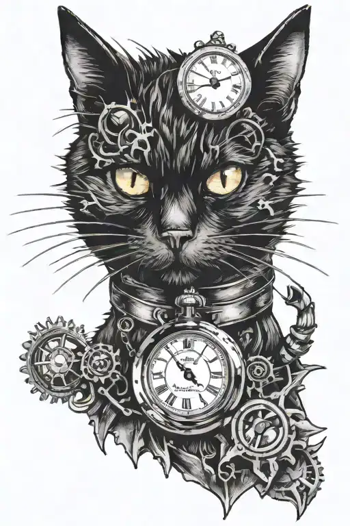 A spiky black cat wearing a pocket watch in a steampunk setting tattoo design idea