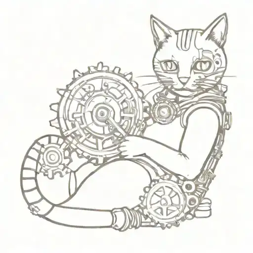 A steampunk cat reading a book with gears and cogs incorporated into the design tattoo design idea
