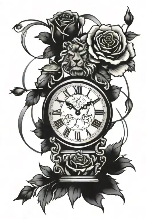 lion in clock and roses wrapped tattoo design idea