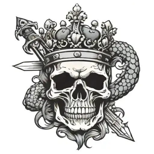 skull with crown with sword through it and a snake  tattoo design idea