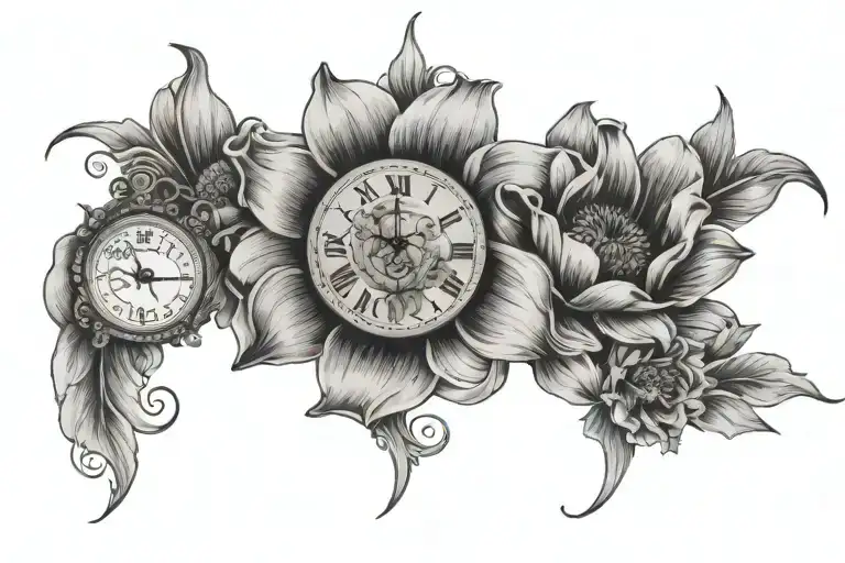 3 clocks with a boys names lily daisy and poppy flowers  tattoo design idea