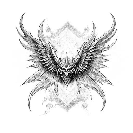 A neo tribal anime devil angel with intricate patterns on its wings tattoo design idea