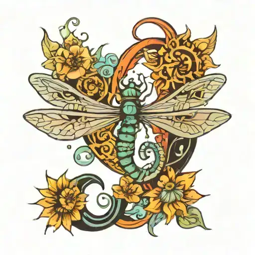 dragonfly, seahorse, crescent moon and sun tattoo design idea