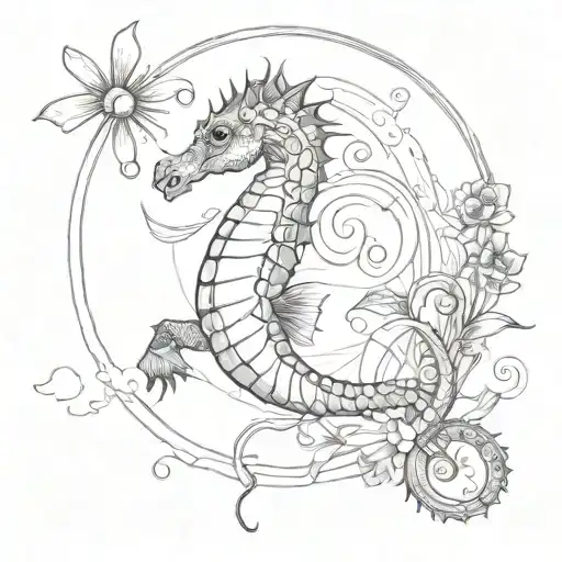 a seahorse, a sun and a crescent moon and a dragonfly tattoo design idea
