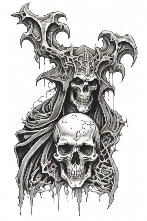 A portrait of ainz ooal gown surrounded by elements of suffering and redemption tattoo design idea