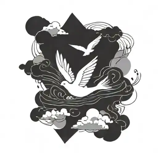 A minimalist blackwork tattoo of a storm cloud with a single flying dove escaping tattoo design idea
