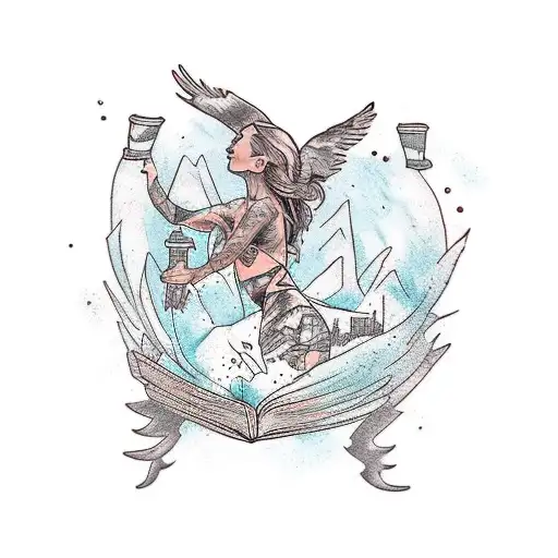 Double exposure. Concept Art. Woman. Flying birds. Wilderness. Water. Scuba diver. Open book.  tattoo design idea