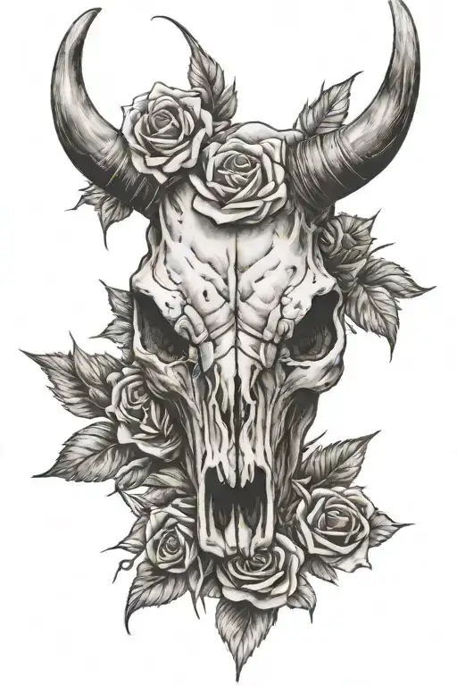 bull skull with a upside down triangle on forehead, one broken horn and a rose on the broken horn tattoo design idea