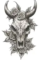 bull skull with a upside down triangle on forehead, one broken horn and a rose on the broken horn tattoo design idea