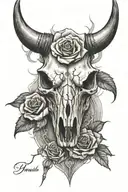 bull skull with a upside down triangle on forehead, one broken horn and a rose on the broken horn tattoo design idea