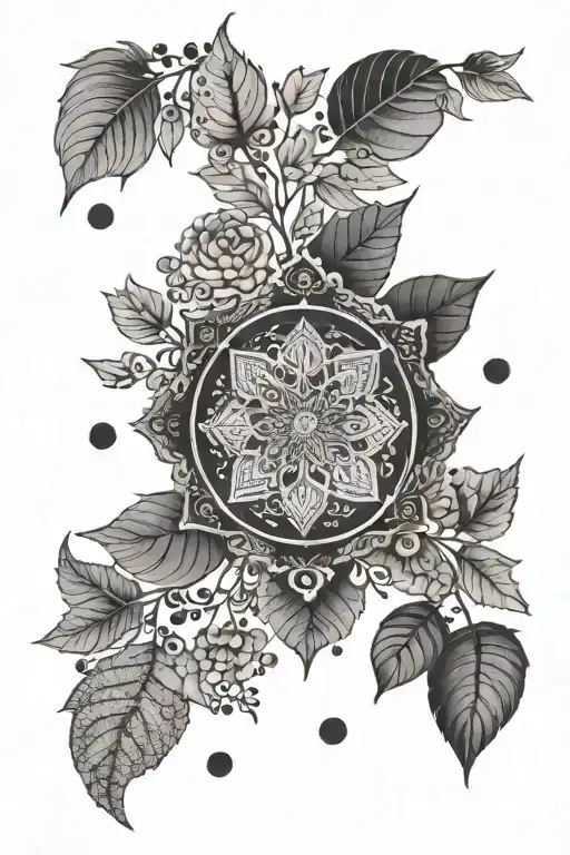mandala Moon, big dot snowflakes in background, falling leaves in front tattoo design idea