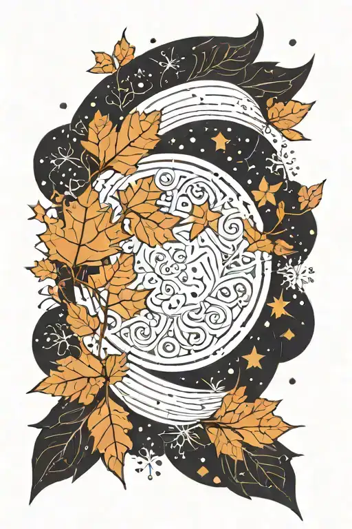 half Moon, geometric Design, falling leaves in the front, big dotted snowflakes in the background  tattoo design idea