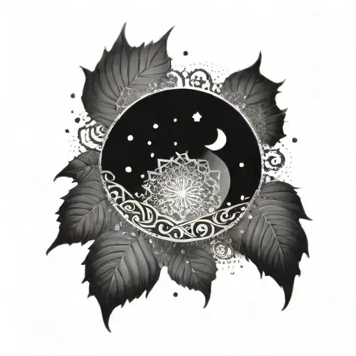 half Moon mandala, falling leaves in front, dotted snowflakes in the background  tattoo design idea