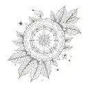 half Moon, mandala Design, falling leaves in the front, big snowflakes in the background  tattoo design idea