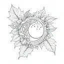 half Moon, mandala Design, falling leaves in the front, big snowflakes in the background  tattoo design idea