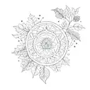 half Moon, mandala Design, falling leaves in the front, big snowflakes in the background  tattoo design idea