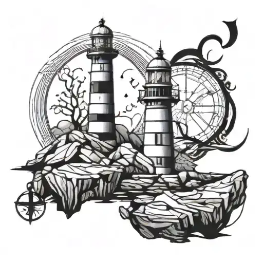 A lighthouse perched on rough rocks with an anchor and compass intertwined in the design tattoo design idea