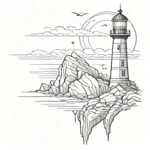 A sketch-style design of a lighthouse on rocky cliffs with a compass rose and anchor tattoo design idea