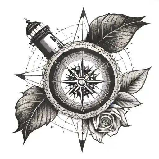 A geometric rose compass with a lighthouse silhouette in the background tattoo design idea