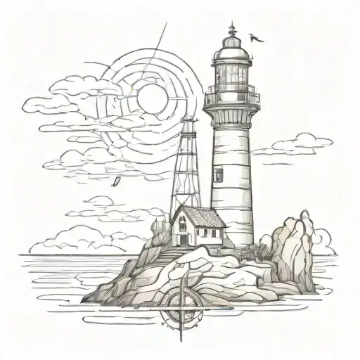 A sketch-style design of a lighthouse on rocky cliffs with a compass rose and anchor tattoo design idea