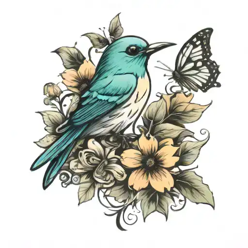 the word birdie with a butterfly   tattoo design idea