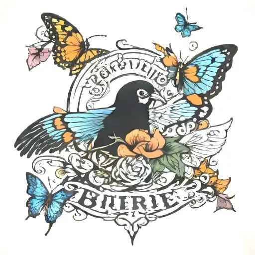 the text birdie surrounded by butterflies flying tattoo design idea