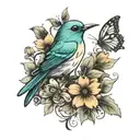 the word birdie with a butterfly   tattoo design idea