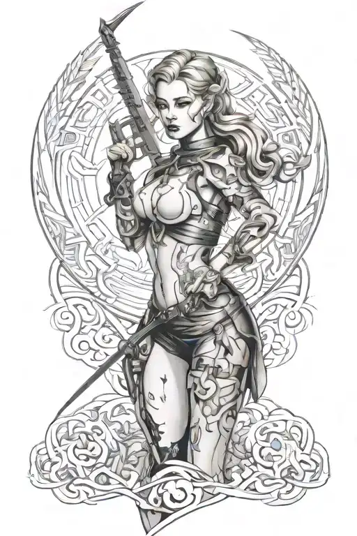 intelligence power warrior woman posing tattoo design idea