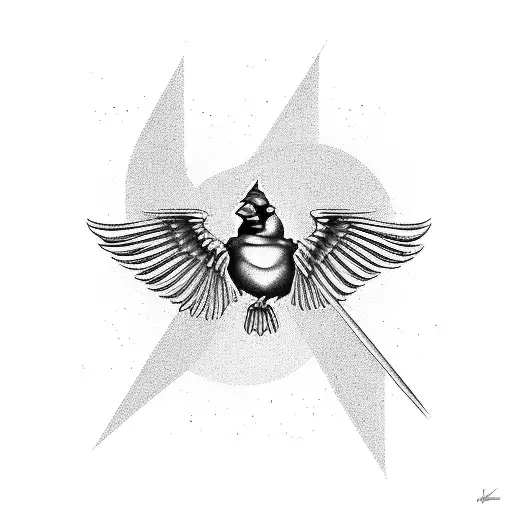 Cardinal, flame with music coming from it, flying over young adult walking with child tattoo design idea