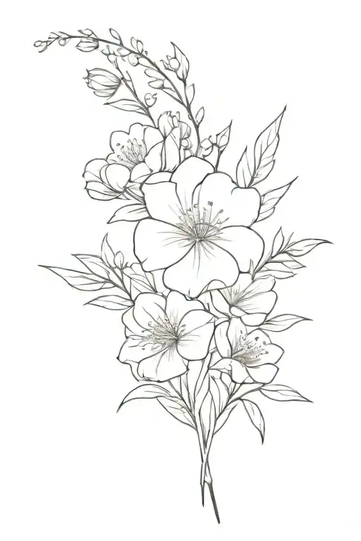 Fine line bouquet tattoo with the birth month flowers of : May, November, June, and September.Simple and delicate.  tattoo design idea