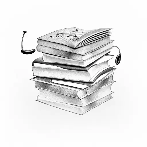 A stack of books with musical instruments incorporated into the design, symbolizing the harmony between literature and music tattoo design idea