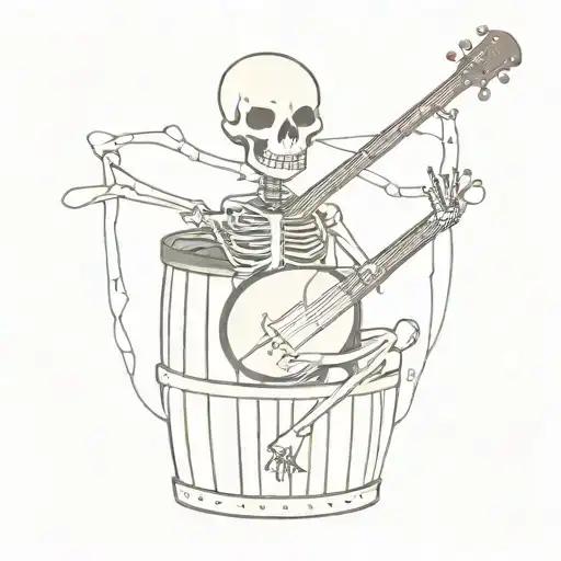 skeleton with a banjo sitting on a moonshine barrel tattoo design idea