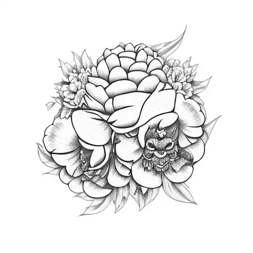 oni mask with peonies and geraniums  tattoo design idea