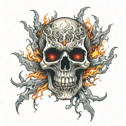 flames evil metal skull tattoo design idea