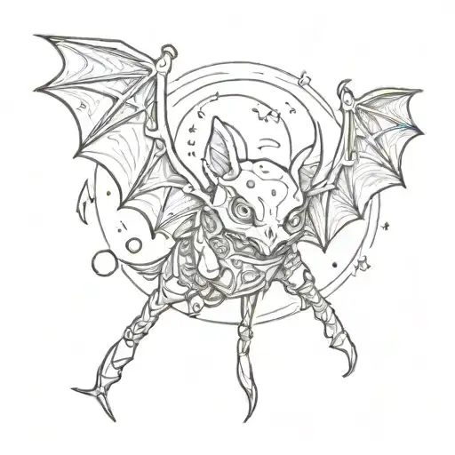 Moon bat flying dice rolling tattoo design idea