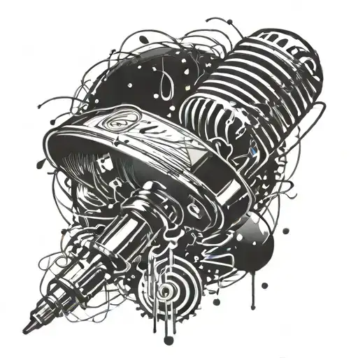 interstellar space with microphone surrounded by musical notes tattoo design idea