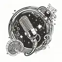 interstellar space with microphone surrounded by musical notes tattoo design idea