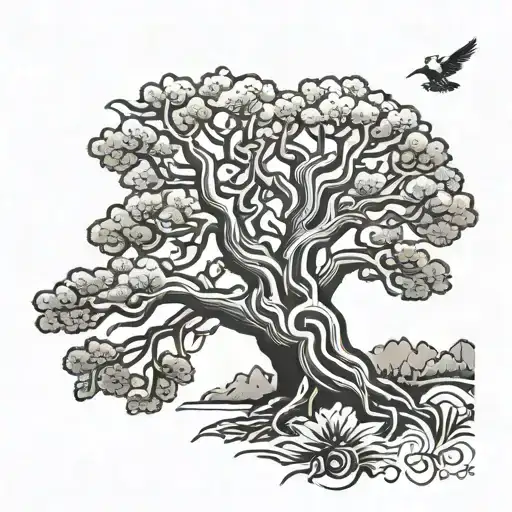 Combine an Oakland tree with Aztec symbols to represent the client's love for nature and cultural heritage tattoo design idea